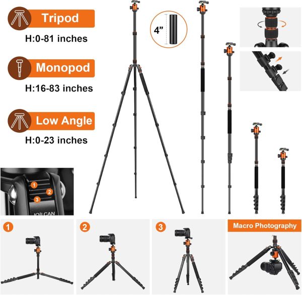 JOILCAN Tripod for Camera, 81" Aluminum Camera Tripod, 83" DSLR Tripods & Monopods, Heavy Duty Travel Tripod for Binoculars Spotting Scope Telescope, Professional Complete Tripod Units, Payload 35lb - Image 2