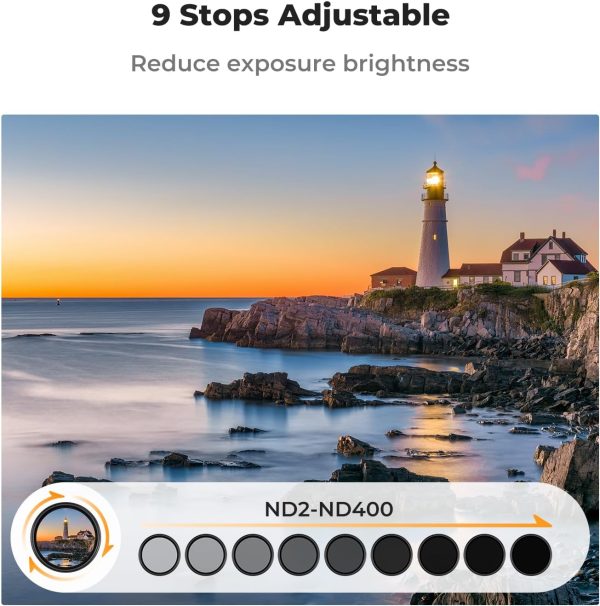 K&F Concept 58mm Variable ND Camera Lens Filter ND2-ND400 (1-9 Stops) + Filter Cap + Cleaning Cloth 18 Multi-Layer Coatings Adjustable Neutral Density Ultra Slim for Camera Lenses(K-Series) - Image 3